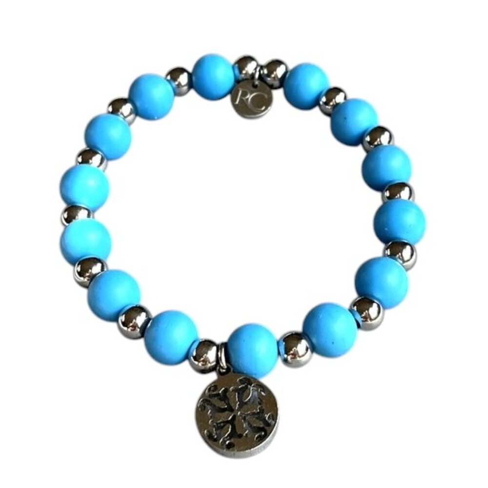 Rustic Cuff Blue Silicone and Stainless Beaded Stretch Logo Bracelet